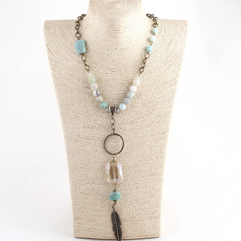 Fashion Bohemian Jewelry Accessory Natural Stones /Crystal With Leaf Dorp Pendant Necklaces For Women Gift