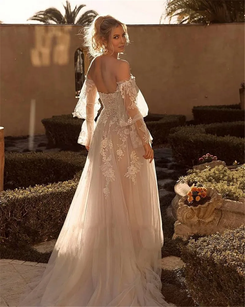 Elegant Wedding Dresses Detachable Long Puff Sleeves Beach A Line Tulle Sweetheart Lace Appliques Bridal Gowns Robe De Mariee