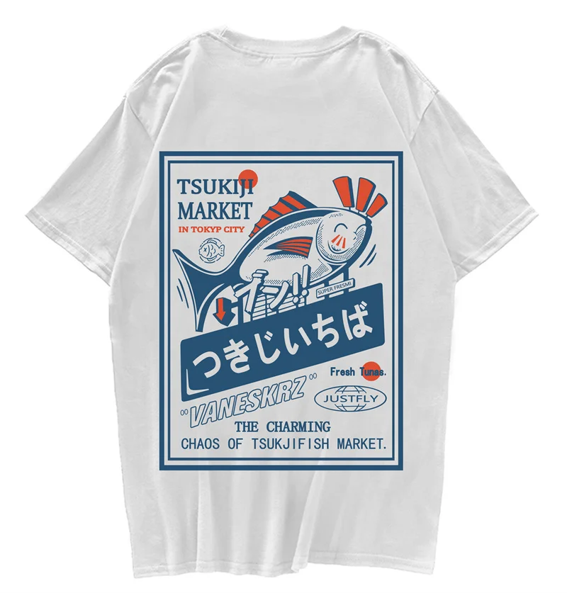 Hip Hop Streetwear Harajuku T-shirt Japanse Kanji Fish Print T-shirt 2021 Mannen Katoen Casual Korte Mouw T-shirt Japan Stijl