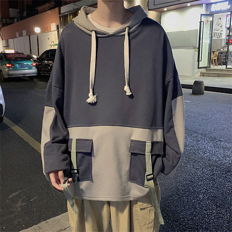 

Hoodies Men Streetwear Hip Hop Style Fashion Color Patchwork Loose Sweatshirts Spring Autumn Men's Clothes