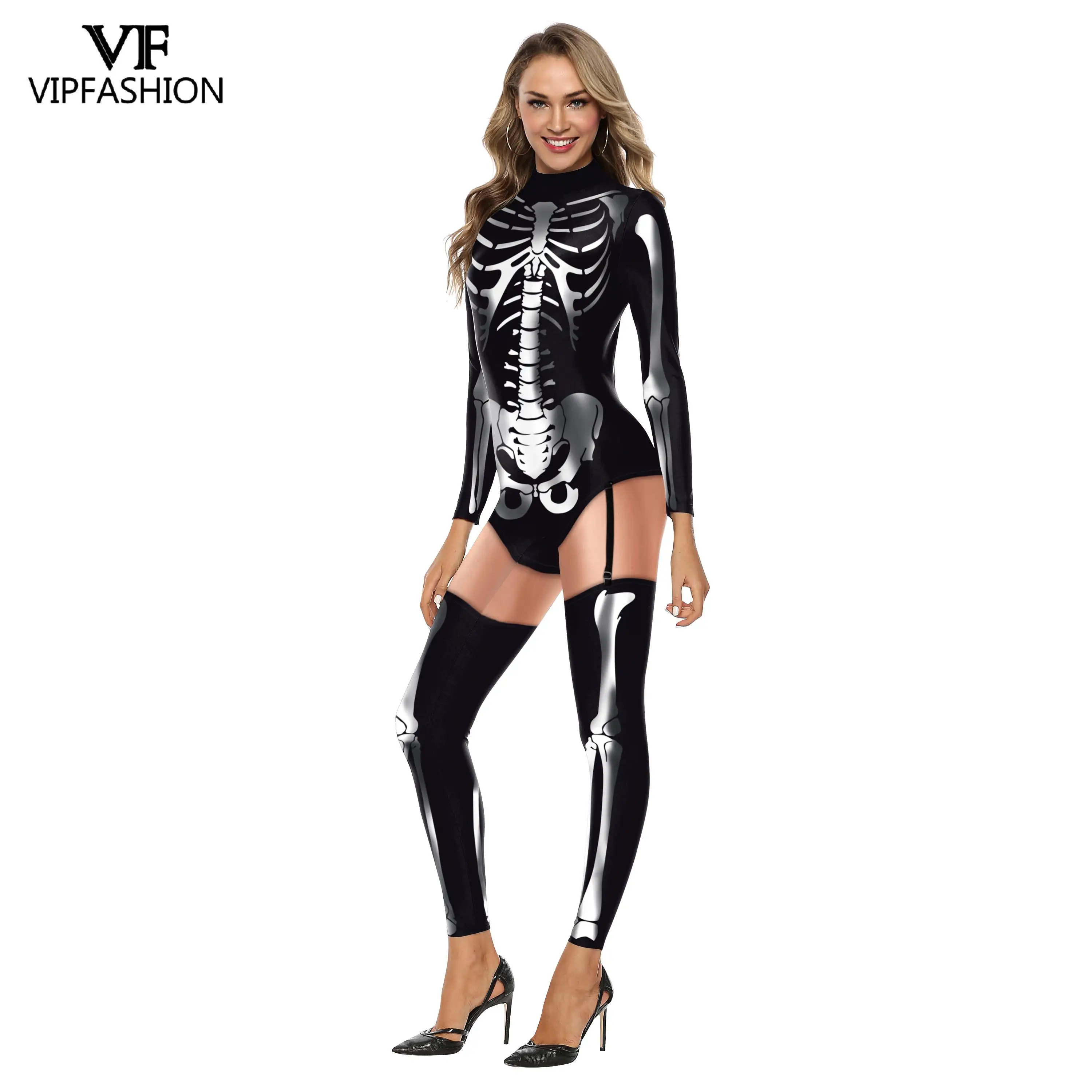 VIP FASHION Cosplay Skeleton Printed Jumpsuit Carnival Party Clothes Onesies Outfits Romper Bodysuit Halloween Costume For Women