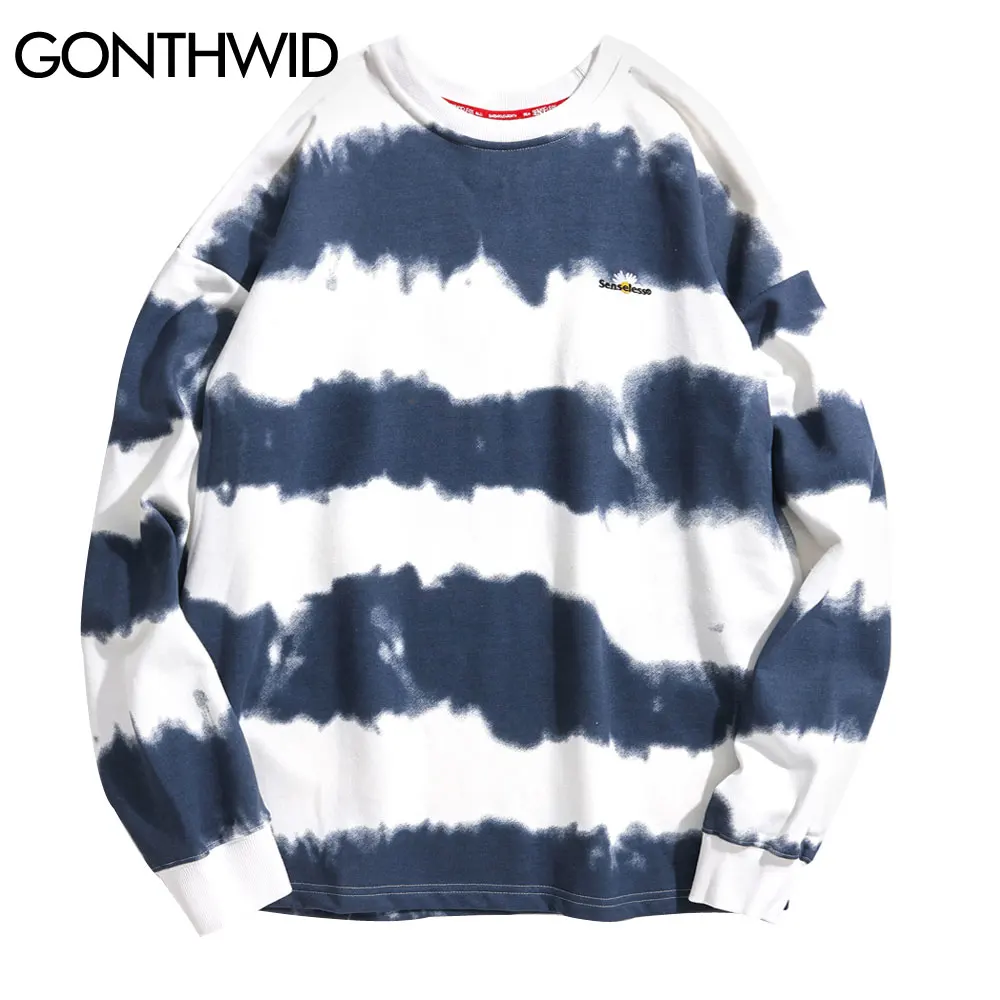 GONTHWID Harajuku Tie Dye Striped Pullover Sweatshirts Hoodies 2024 Mens Hip Hop Casual Streetwear Fashion Hoodie Outwear Tops