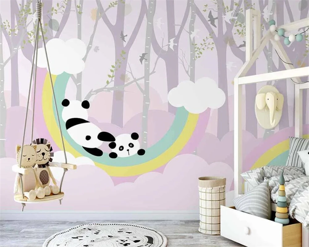 beibehang Customize new Nordic hand-painted rainbow panda cloud forest children background papel de parede wallpaper