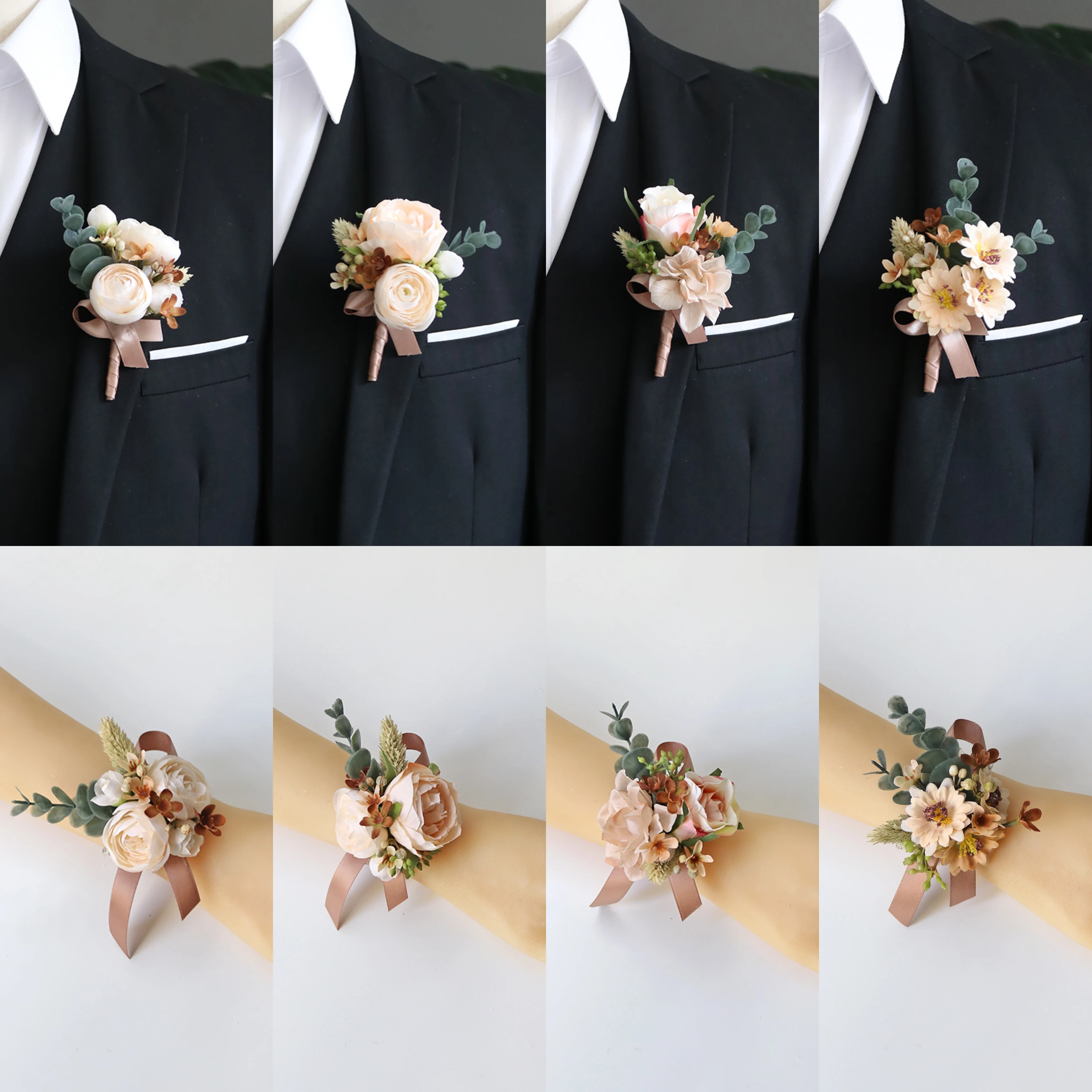 GT Silk Corsages Wedding Decoration Marriage Rose Wrist Corsage Pin  Boutonniere Flowers for Peonies daisies Brown tone