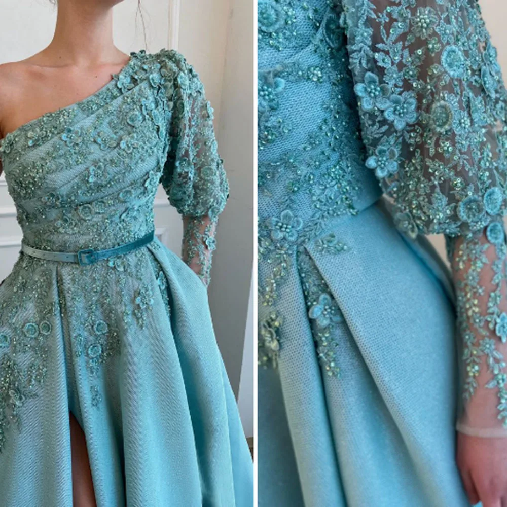 Gaun Malam Applique Renda Manik Tull Biru Es Glamor Gaun Prom Ritsleting Punggung Satu Bahu Leher Perahu Gaun Prom A-line Vestido De Novia