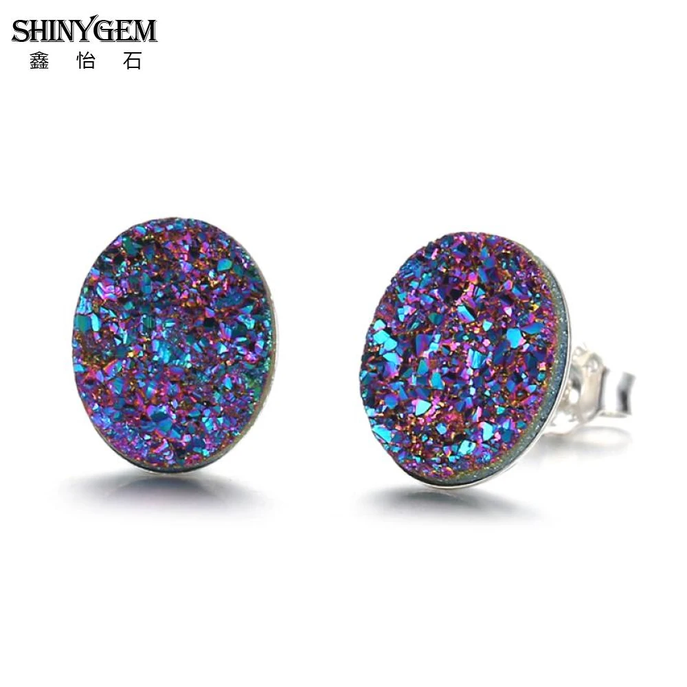 

ShinyGem Small Charm 8*10mm Oval Shape Natural Crystal Druzy Stud Earrings 925 Sliver Geode Gem Stone For Women Girl