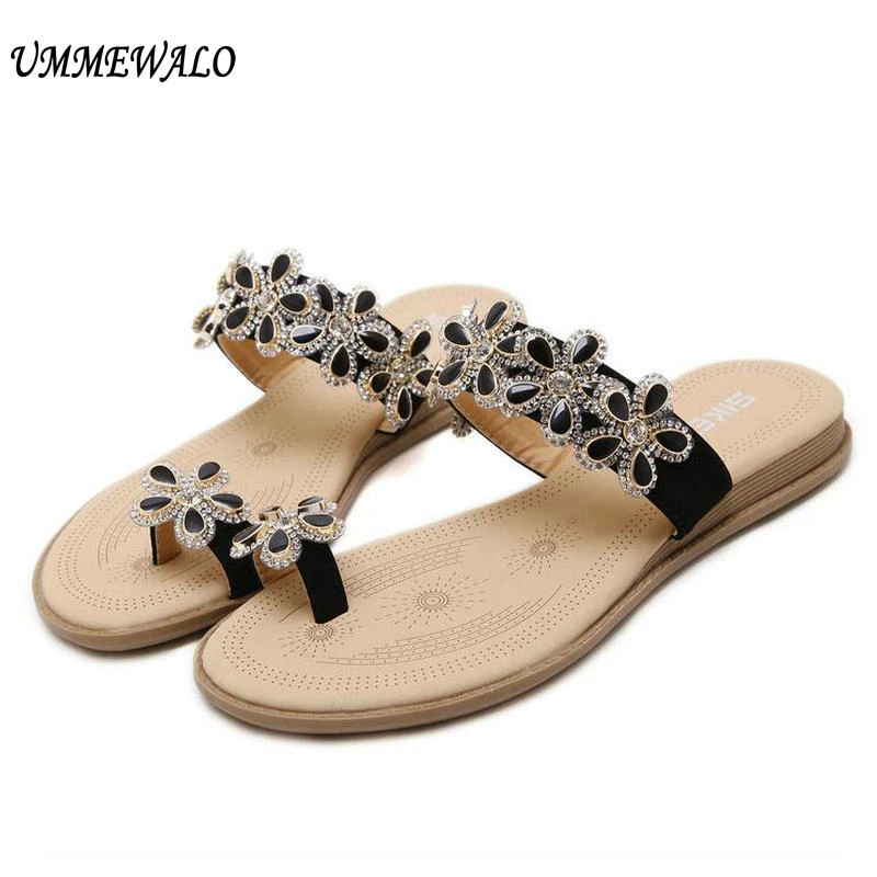 UMMEWALO Women Toe Ring Sandals Femme Flip Flops Flat Sandals Slippers Flowers Rhinestone Gladiator Sandal Shoes Zapatos Mujer