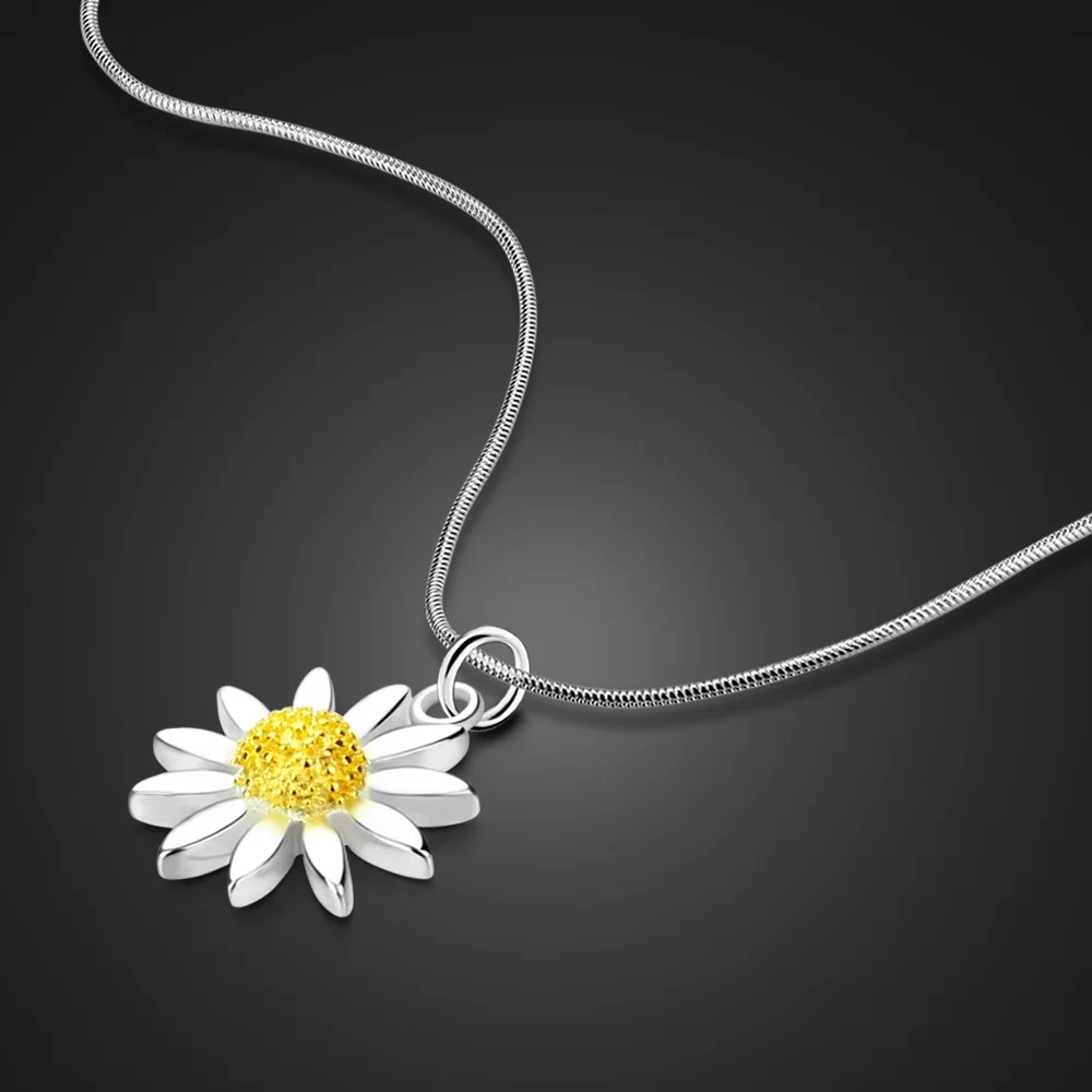 New Fashion 925 Silver Sunflowers Pendant Necklace Women Golden Flower stamen Pendant Choker Necklace Women's Fine Jewelry Gift