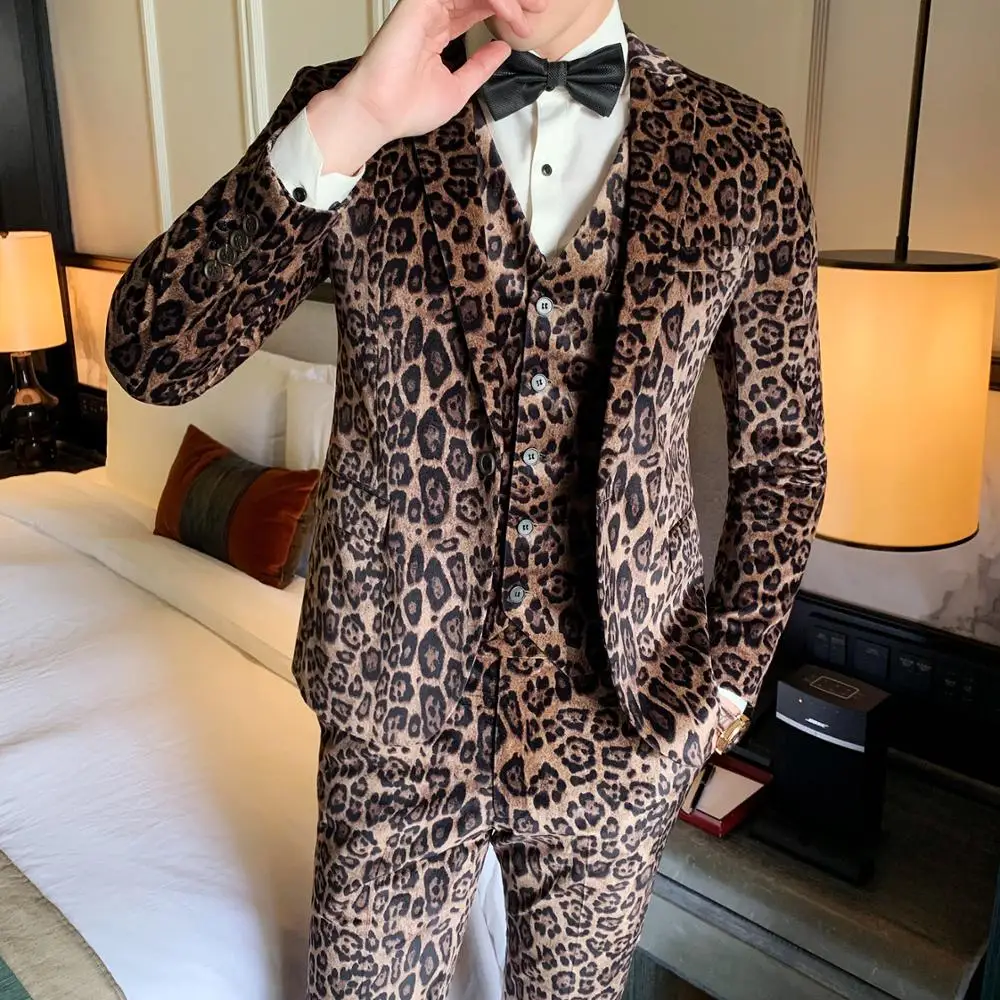 Mens Fashion Leopard Printed 3 Pieces Set One Button Wedding Banquet Nightclub Blazer+Vest+Pant Costume Homme Spring Autumn