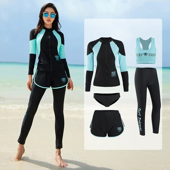 Langarm Rash Guard Frauen Patchwork 5 Stück Badeanzug Zipper Bademode Badeanzüge Surfen Pad Lange Hose Paare Männer 3 stück