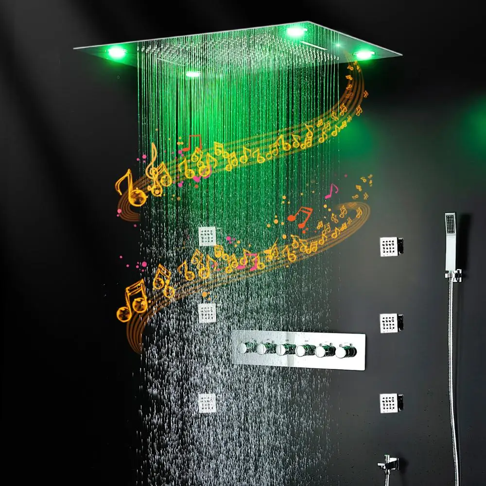 24x32 Inches Bluetooth Music Remote LED Shower Head Set Rainfall Waterfall Thermostatic Mixer Valve Faucet 2 Inch Massage Jet