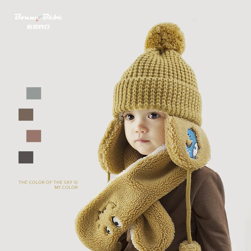 

Autumn Winter Children Scarf-collar Boys Girls Warm Beanies Caps Scarf Sets Fashion Cotton Baby knit dinosaur Hat Scarf