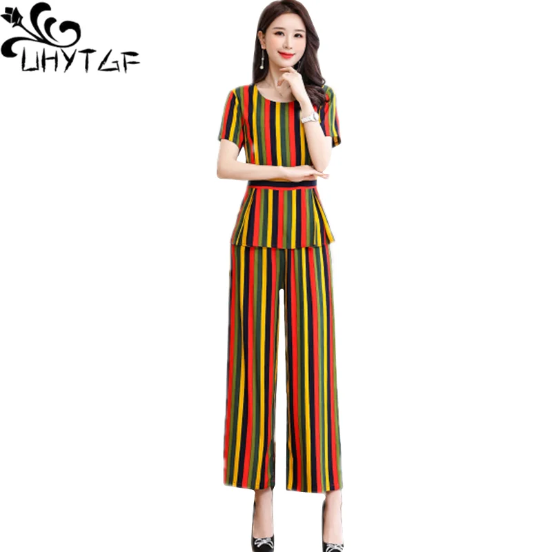 UHYTGF Women Tracksuit Fashion Stripe Cotton Silk Thin Summer Two-Piece Set Female Slim Short Tops+Pants 5XL Big Size Suit 2125