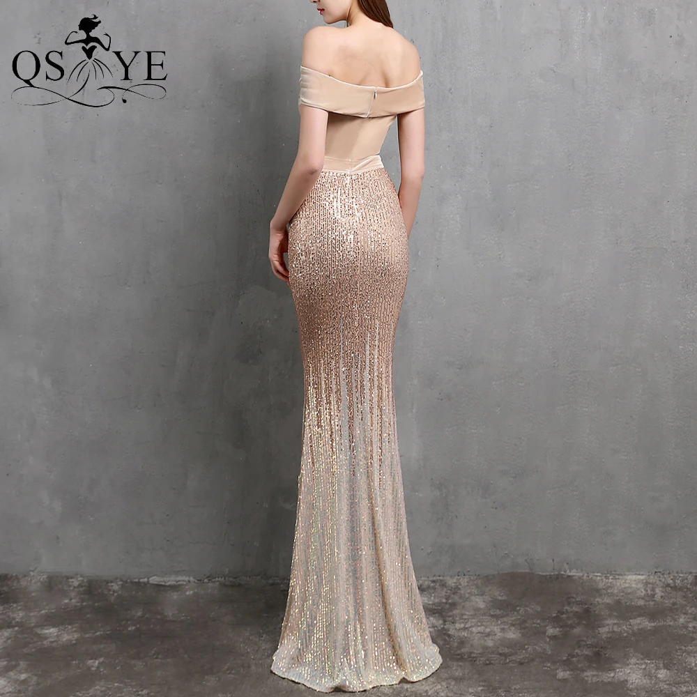 Champagne Abendkleider Mermaid Off Schulter Pailletten Abendkleid Samt Elegante Party Kleid Pailletten Seite Ärmeln Formale Kleid