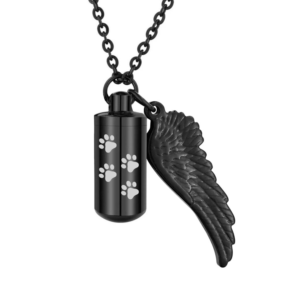 Men Fashion Black Gun Stainless Steel Cylinder Paw Jewelry Urn Holder Pendant Angel Wing Charm Cremation Memorial Pet Necklace