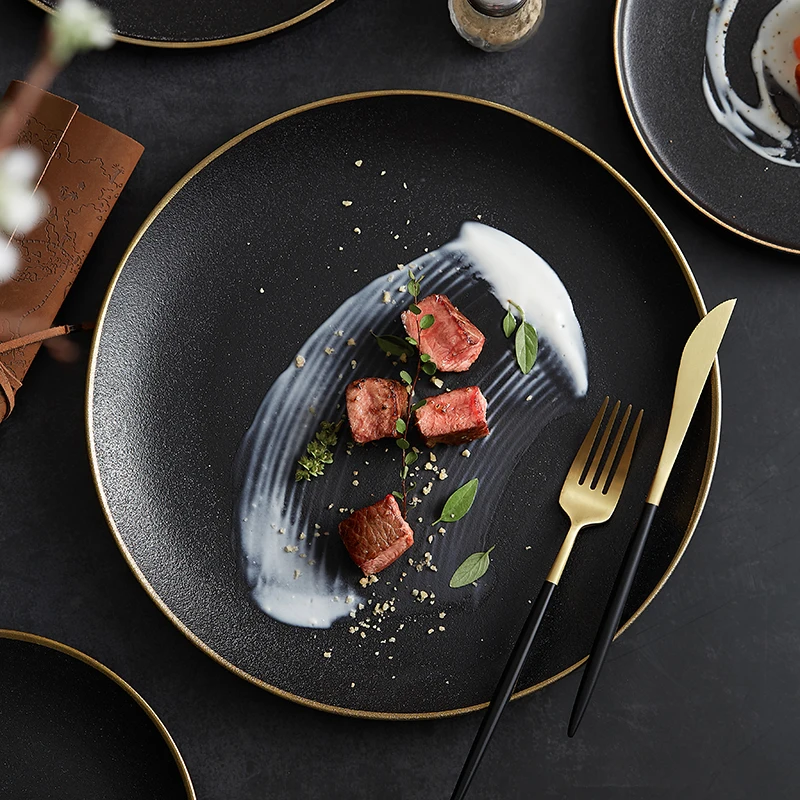 Frosted Black Ceramic Dinner Plate with Gold Border Round Steak Plate Hotel Restaurant Tableware Set Kitchen Utensils Porcelain