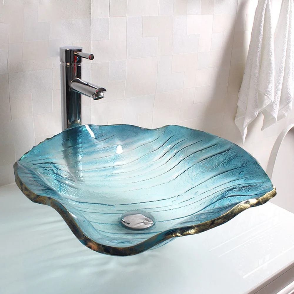 

Bathroom tempered glass washbasin Blue Mediterranean above counter basin Individually shaped art basin wash basin LO612549