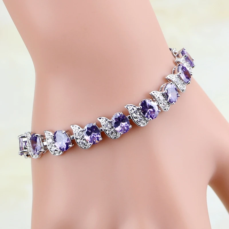 

925 Silver Jewelry Mystic Purple Cubic Zirconia White CZ Charm Bracelets For Women Free Gift Box