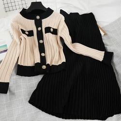 Spring 2 Piece Set New Fashion Elegant Ladies Knitted Color Matching Pearl Button Sweater Cardigan + Pleated Midi Skirt Suit