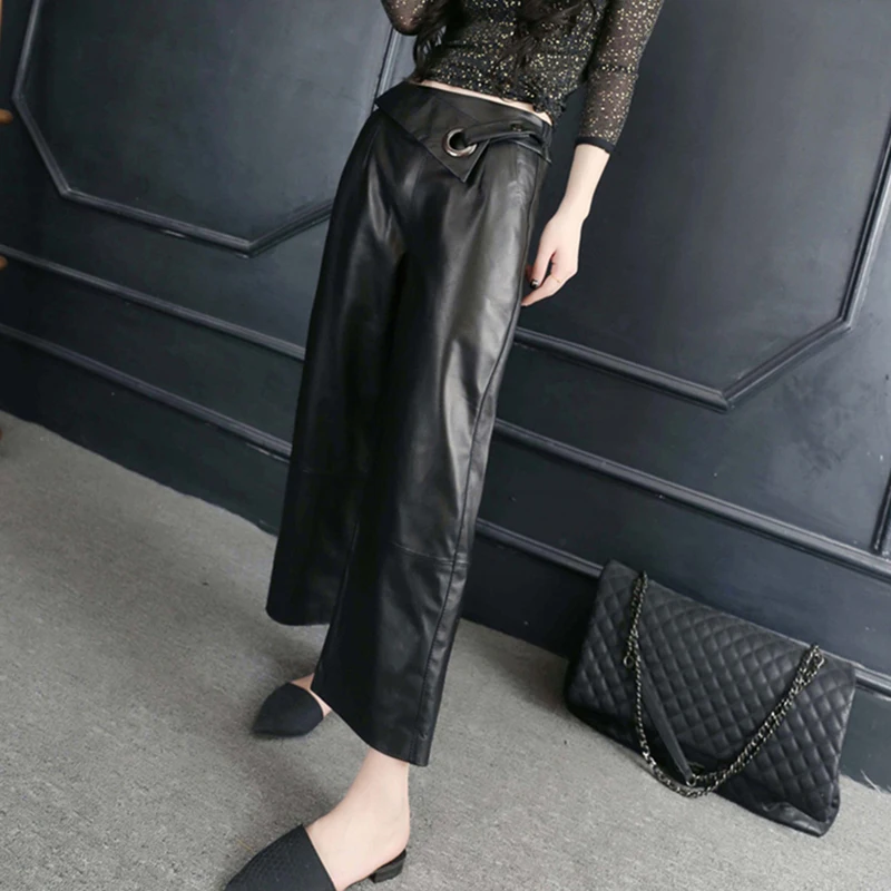 

Real Leather Loose Wide Leg Pants Women Fashion Streetwear 2020 Spring Autumn Sheepskin Trousers Female High Quality Large Size