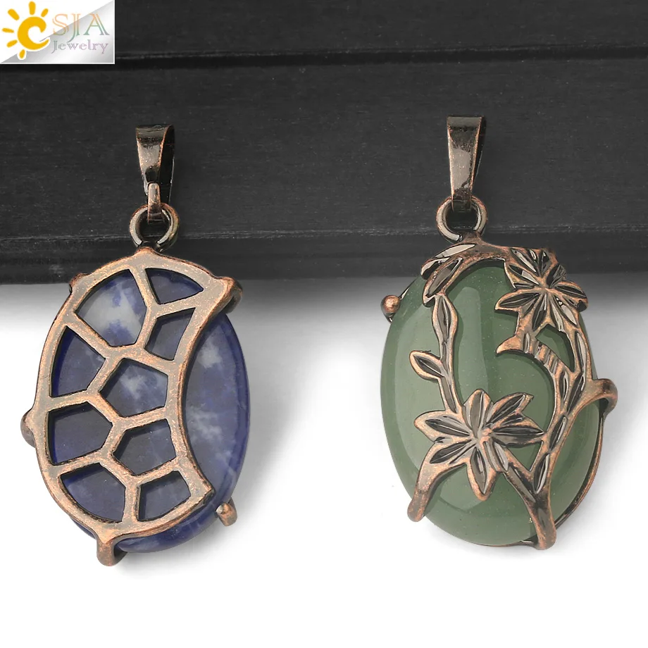 CSJA Vintage Egg Shaped Pendants Natural Crystal Stone Antique Copper Plated Flower Half Moon Pendant DIY Necklaces Jewelry G600