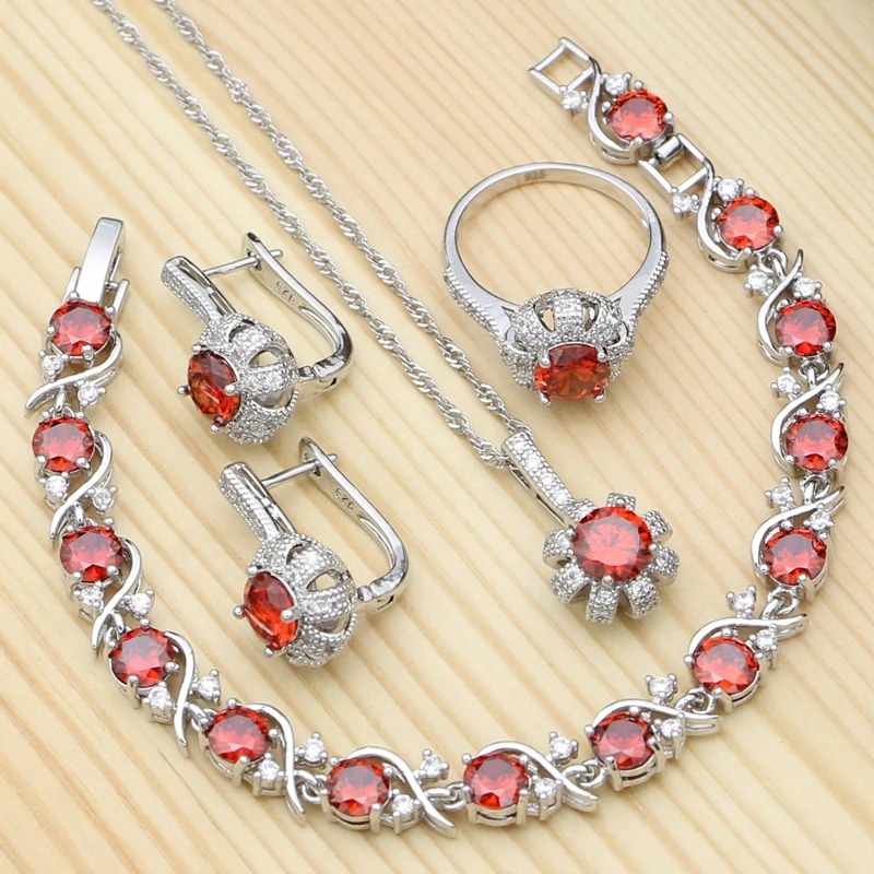 

Silver 925 Jewelry Sets For Women Accessories Red Cubic Zirconia White Crystal Ring/Bracelet/Necklace/Pendant/Stud Earrings