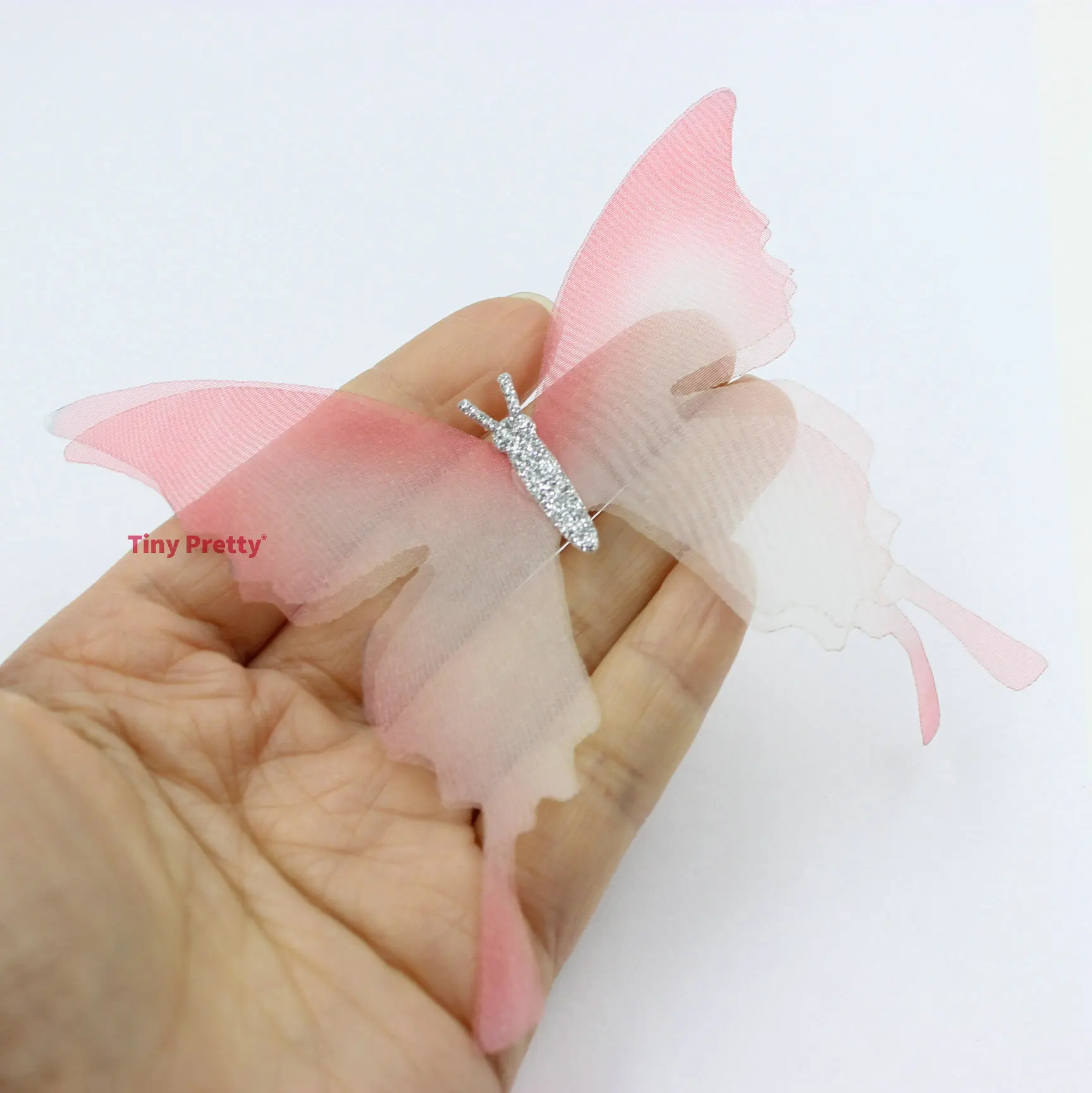 5PCS Gradient Pink Fabric Butterfly Appliques 10cm Organza Butterflies With Glitter Body for Wedding Party Decoration