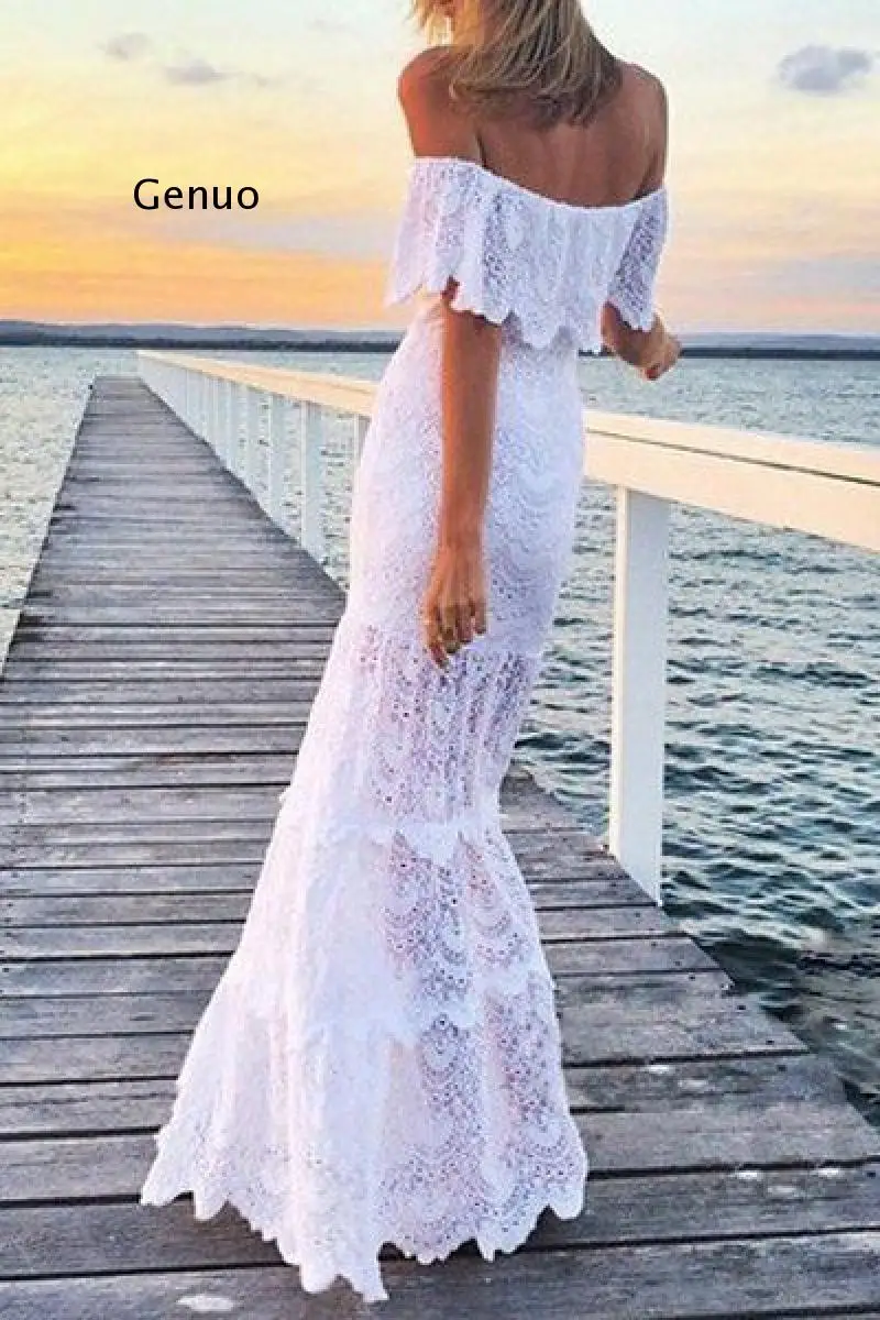 White Lace Sexy Maxi Dress 2021 Summer Bohemian Off Shoulder Hollow Out Dresses Solid Ruffle Beach Holiday Party Female Vestiods