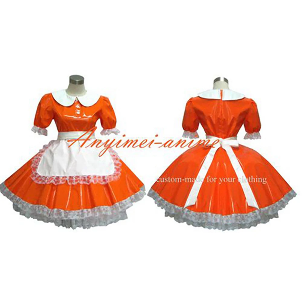 

fondcosplay adult sexy cross dressing sissy maid orange thin PVC dress lockable Uniform white apron costume CD/TV[G262]