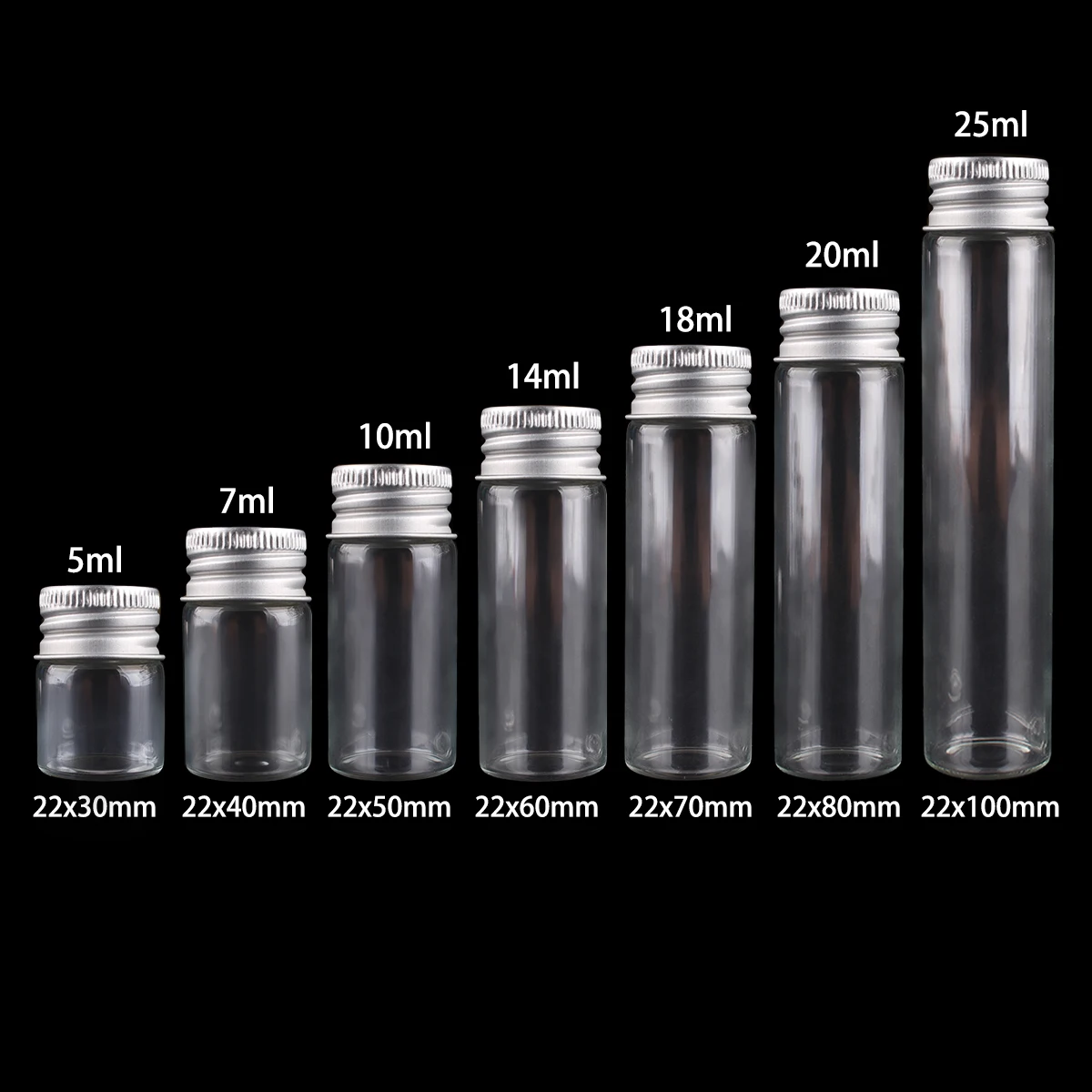 24 pieces/lot 5ml 7ml 10ml 14ml 18ml 20ml 25ml 30ml Glass Bottles with Aluminum Caps Empty Perfume Candy Jars for Art DIY Crafts