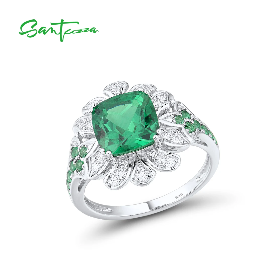 

SANTUZZA Genuine 925 Sterling Silver Rings For Women Sparkling Square Green Spinel White CZ Flower Ring Trendy Fine Jewelry