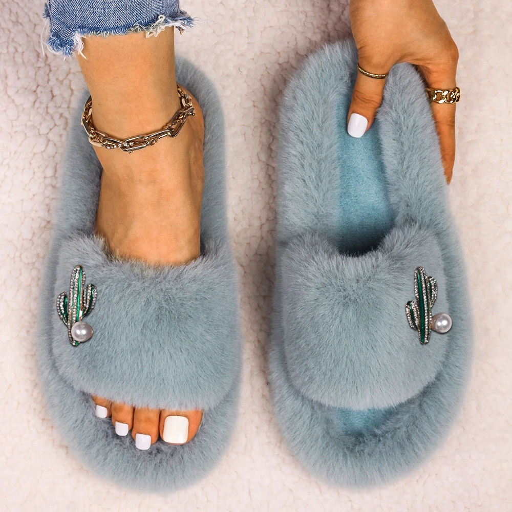 Fluffy Flip Flop Fashion Slippers Female Cactus Faux Fur Slides Cozy Sandals Platform Pearl Slippers Luxury Designer Shoes 2022