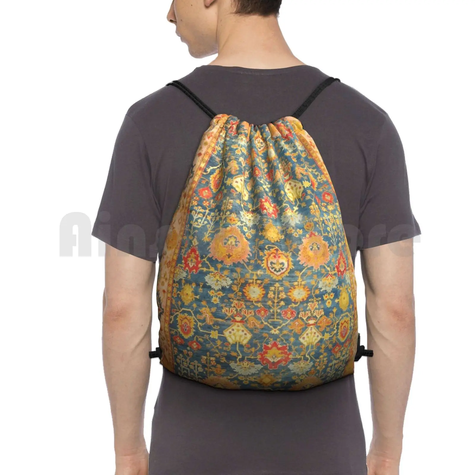 

Turkish Oushak Rug Print Backpack Drawstring Bag Riding Climbing Gym Bag Turkish Persian Rug Carpet Vintage Vintage Oushak