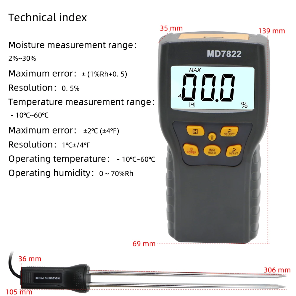 Digital Grain Moisture Meter Highly Sensitive Probe Humidity Tester LCD Display Wheat Corn Rice Hygrometer Temperature Detector