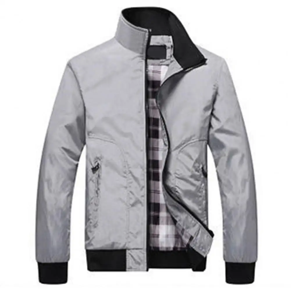 Men Coat Solid Color Stand Collar Pockets Elastic Cuff Spring Jacket for Daily Wear