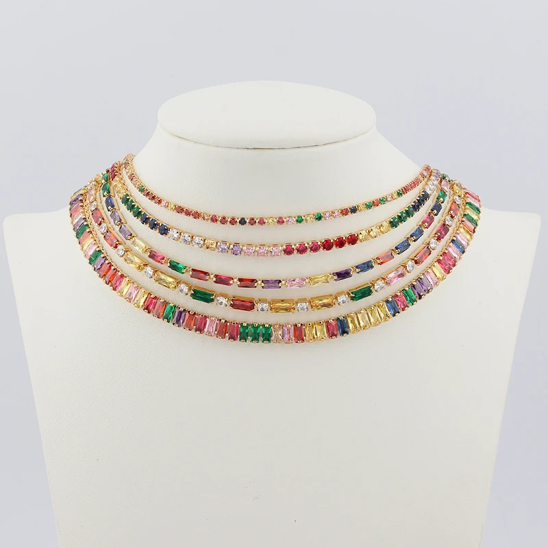 Sexy Short Gold Color Necklace With Rainbow CZ Chain Colorful CZ Charm Choker Tiny Link Chain Necklace Jewelry For Women Girl