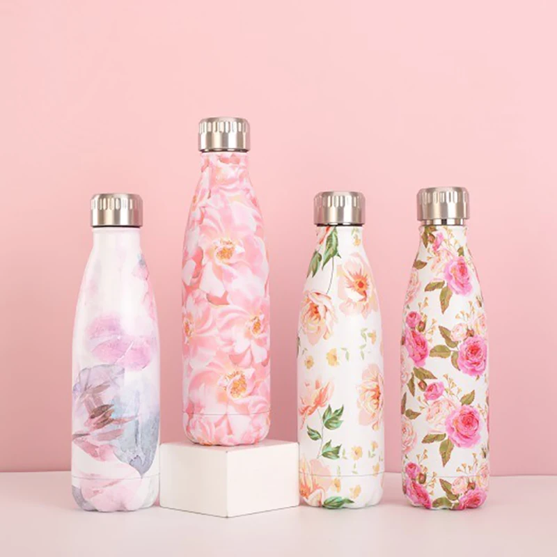 Flower Pattern 500MlThermos Insulated Vacuum Stainless Steel Water Bottles Thermoses Cup Outdoor Sports Flask Customization Logo