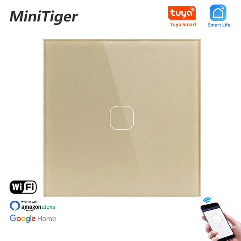 Minitiger EU Standard 1 Gang Tuya/Smart Life WiFi Wall Light Touch Switch Crystal Glass Wireless Control Smart Switch