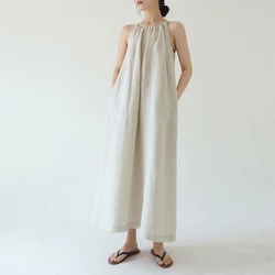 Vintage 100% Linen Women Dress Fashion Sexy Halter Sleeveless Back Bandage Long Maxi Lady Dresses Vestidos MZYBLB3236Y