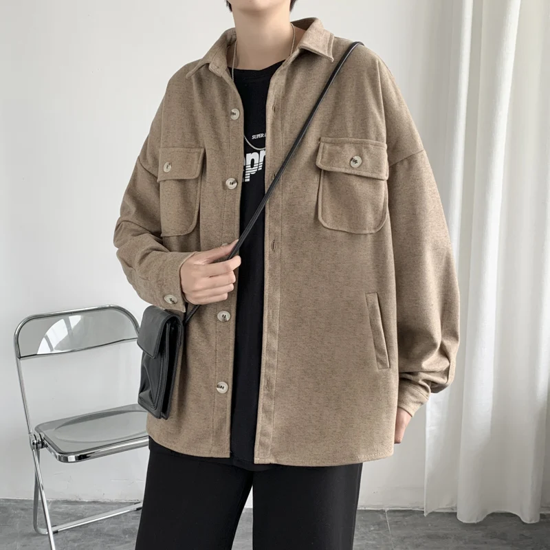 Hanbok Retro Thick Woolen Shirt, Men\'s Autumn and Winter Long-sleeved Brown Lapel Top, Casual Loose Harajuku Couple Suit