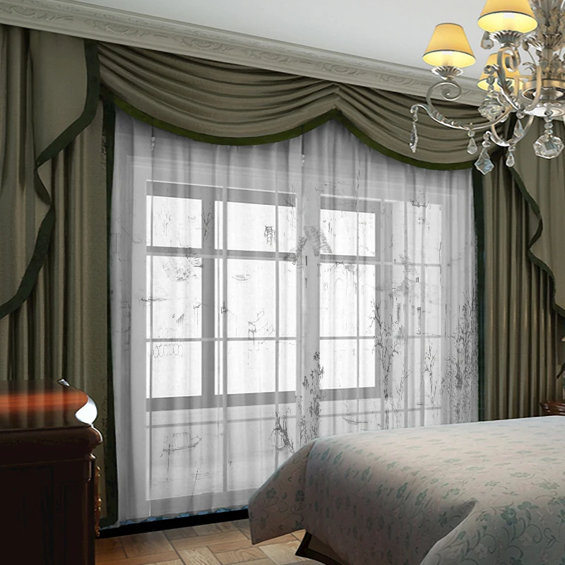 Modern New Chinese Ink Landscape Painting Tulle Curtains for Living Room Study High-end Bedroom Famous Hotel Tulle Curtain