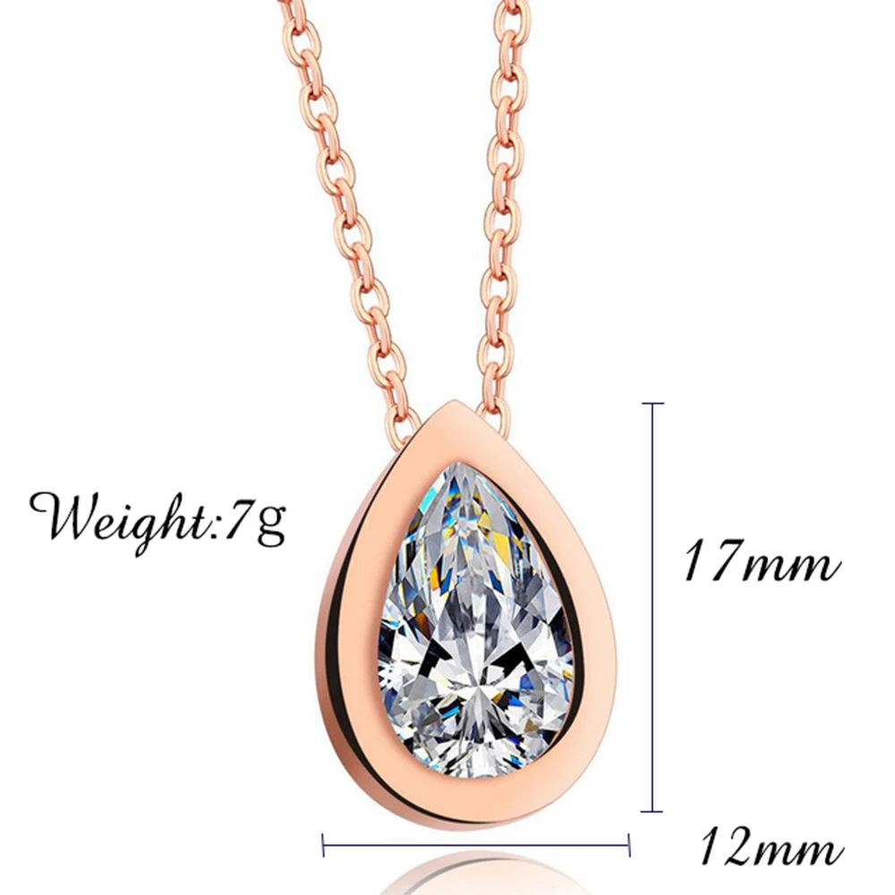 Austria Clear Tear Drop Crystals Necklace For Women Stainless Steel Rose Gold Color Pendants Fashion Girl Accessory Jewelry Gift