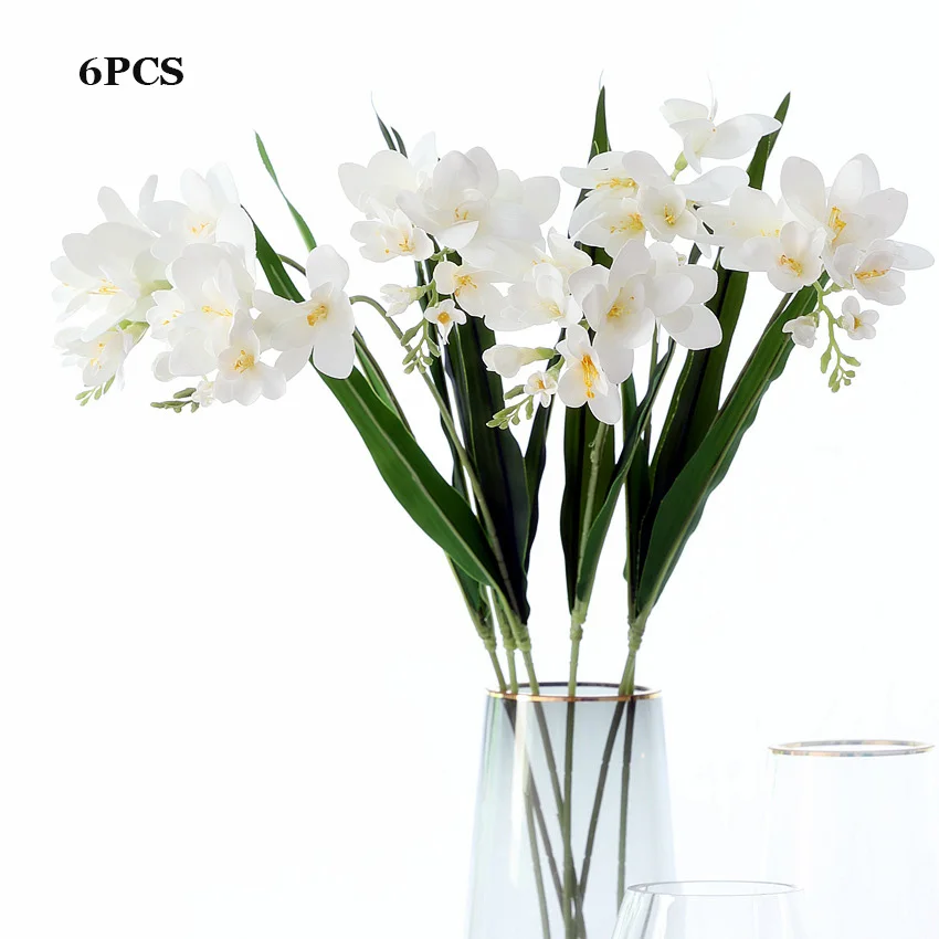 

6Pc Fake Flower Decoration 3D Plastic Film Feel Cymbidium Artificial Flower Branch with Leaf For Wedding Home Flower Arrangement