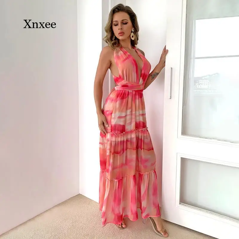 2021 Summer Tie Dye Deep V Neck Long Dress Sexy Party Beach Robe Boho Elegant Women Backless Female Pleated A-Line Vestido