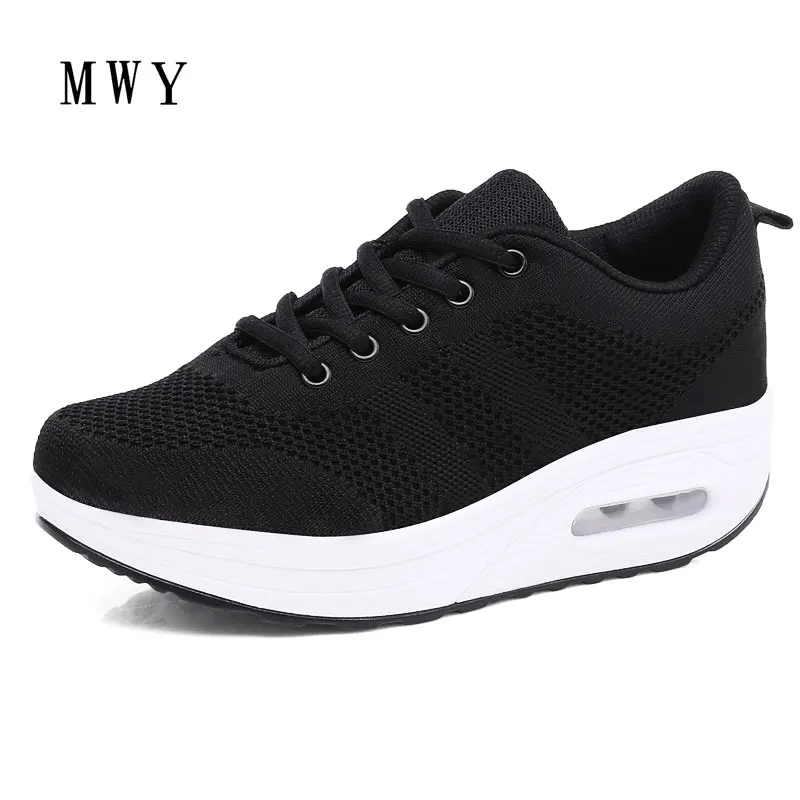 

MWY Black Sneakers Women Platform Shoes Zapatillas Mujer Casual Women Vulcanize Shoes Flying Woven Air Cushion Walking Shoes