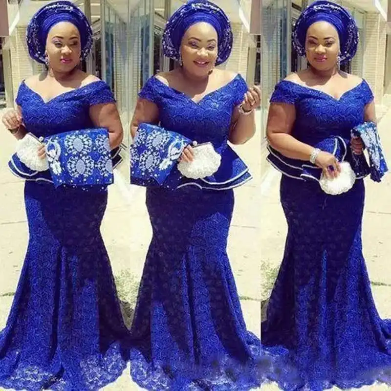 Robe De Soiree Spitze Abendkleider Royal Blue Formale Kleid Plus Größe Lange Nigerian Abendkleider Meerjungfrau Schößchen abiye