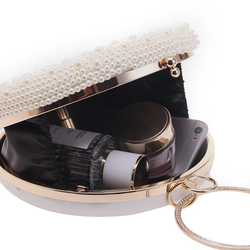 Bolso de mano con perlas brillantes para mujer, bolsa de mano pequeña con forma redonda, bolso de diseñador de lujo con diamantes, bolso de noche