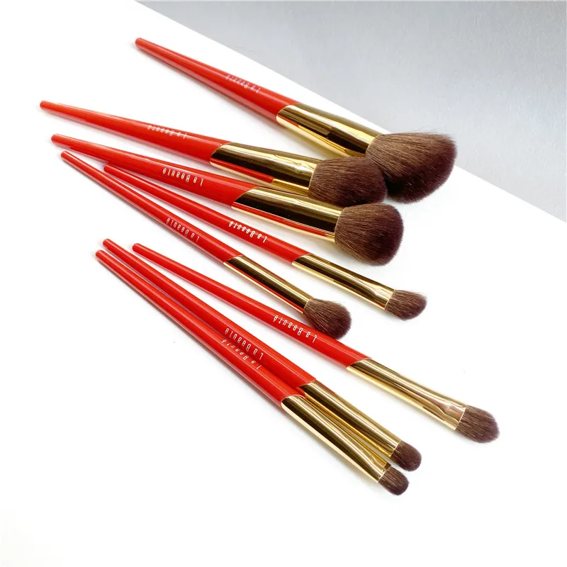 La Beaute Chinese-Red Brush Set - Saihoko Goat Hair 8-Brushes Face & Eye Kit