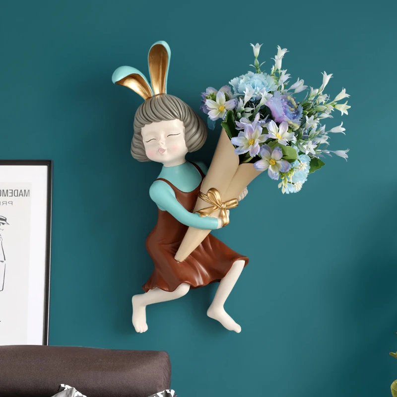 Wall Vase Decoration Home Décor Rabbit Girl Statue wall Décor With Flower Vase Room Décor Vase Wall planter