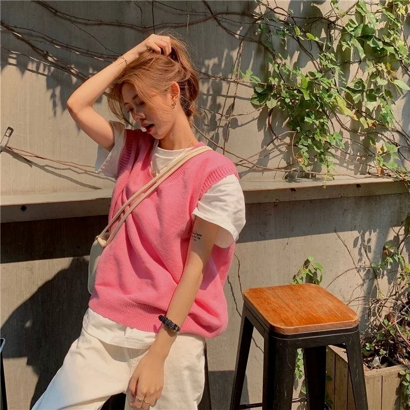 Pink Sweater Vest Women Sweet Girls Cute Tops All-match V-neck Elegant Woman Sweaters Loose Casual Streetwear Harajuku Students